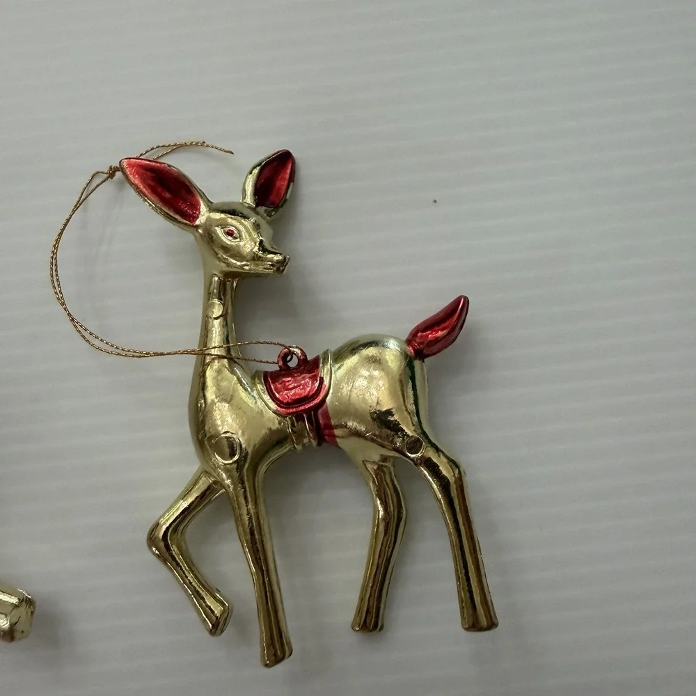 Lot Of 2 Vintage Gold Plastic Reindeer Christmas Ornaments Mid-Century Style